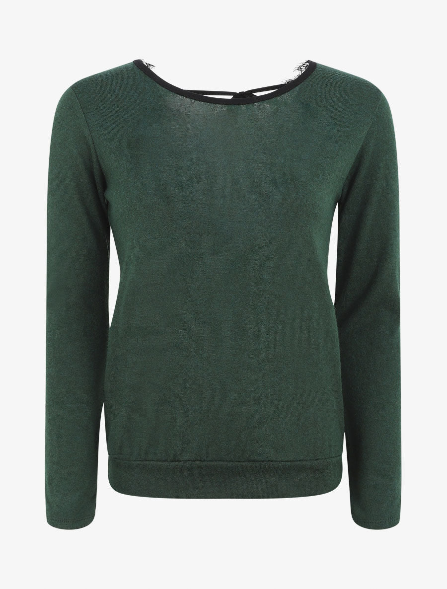 Pull droit à dos en dentelle - Vert bouteille - 1