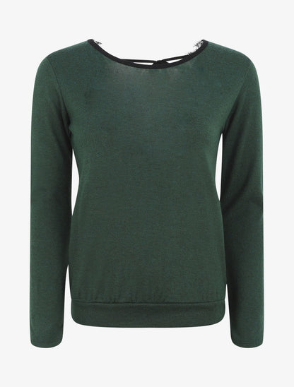 Pull droit à dos en dentelle - Vert bouteille - 1