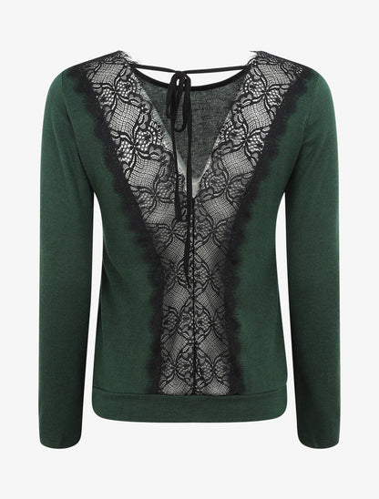 Pull droit à dos en dentelle - Vert bouteille - 2