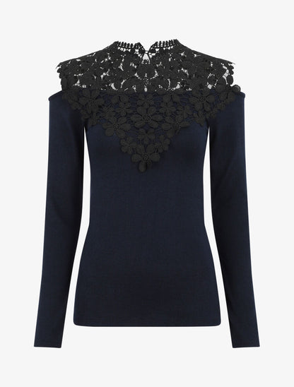 Pull à épaules ajourées en crochet - Bleu nuit - 1