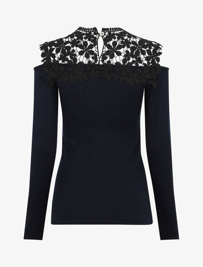 Pull à épaules ajourées en crochet - Bleu nuit - 2