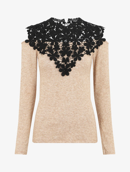 Pull à épaules ajourées en crochet - Beige - 1