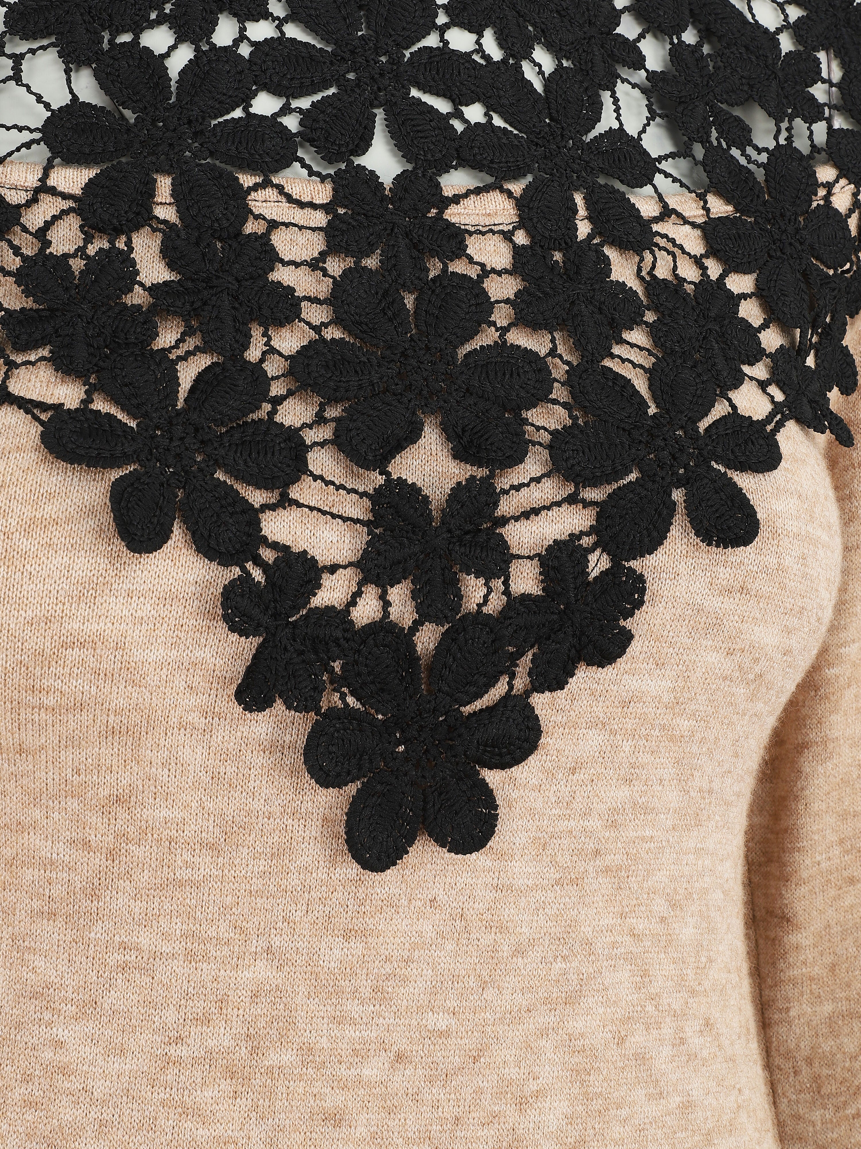 Pull à épaules ajourées en crochet - Beige - 3