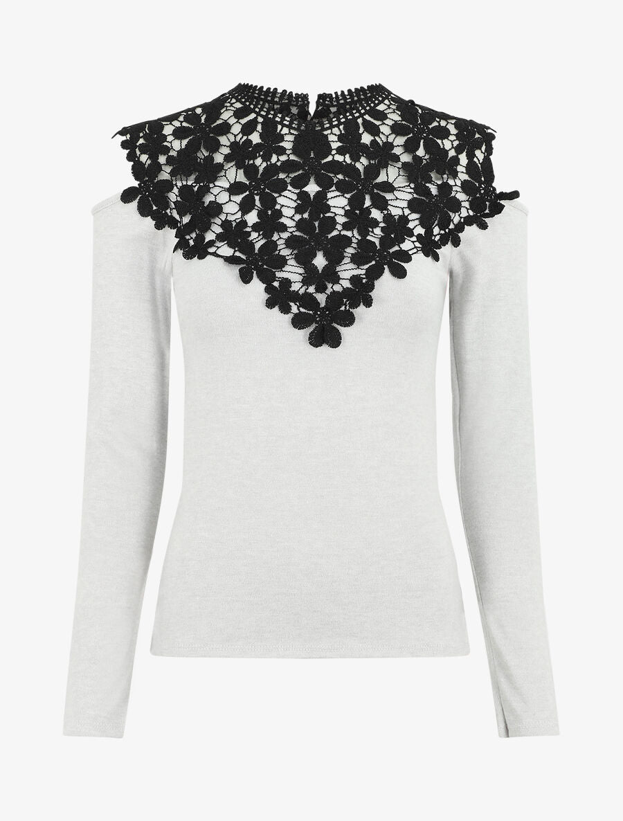 Pull à épaules ajourées en crochet - Gris clair - 4