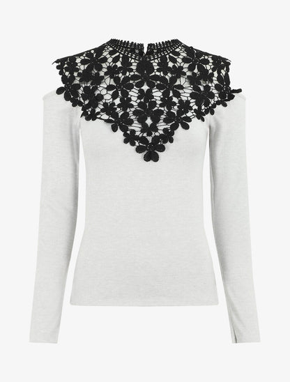 Pull à épaules ajourées en crochet - Gris clair - 4