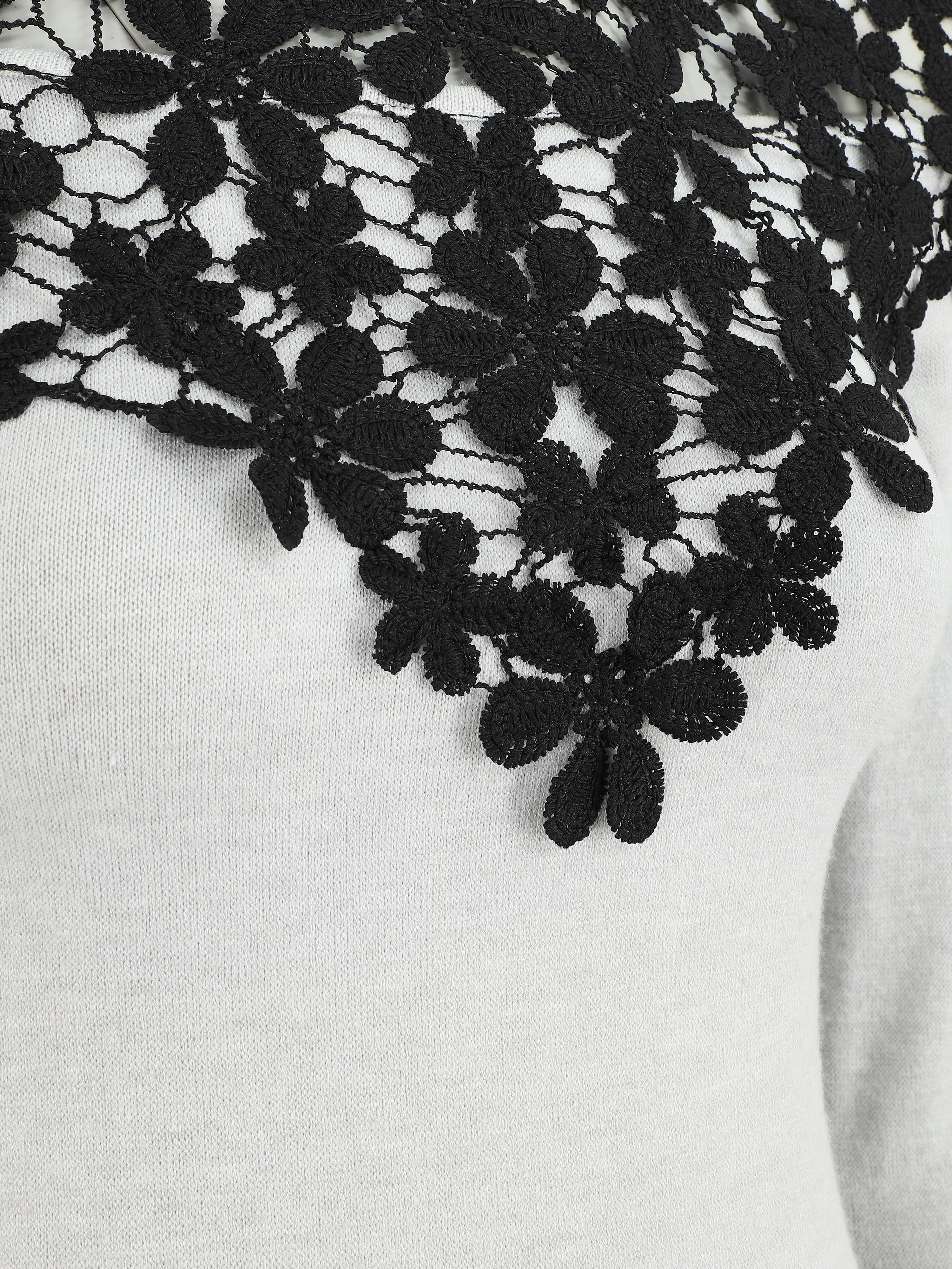 Pull à épaules ajourées en crochet - Gris clair - 3