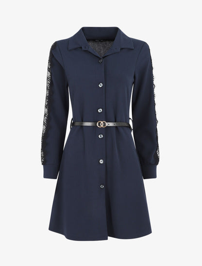 Robe chemise à manches dentelle - Marine - 1