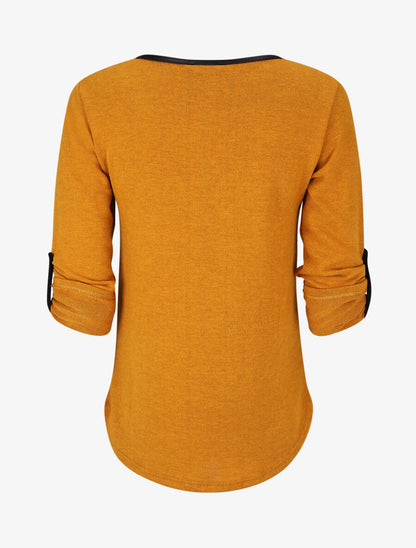 Pull col V contrastant à manches retroussables - Jaune moutarde - 2