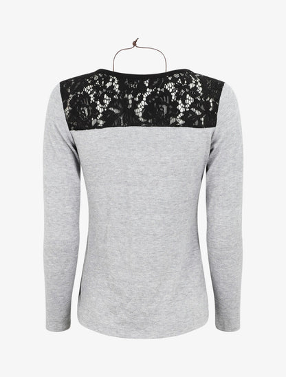 Pull uni à épaules dentelle - Gris - 2