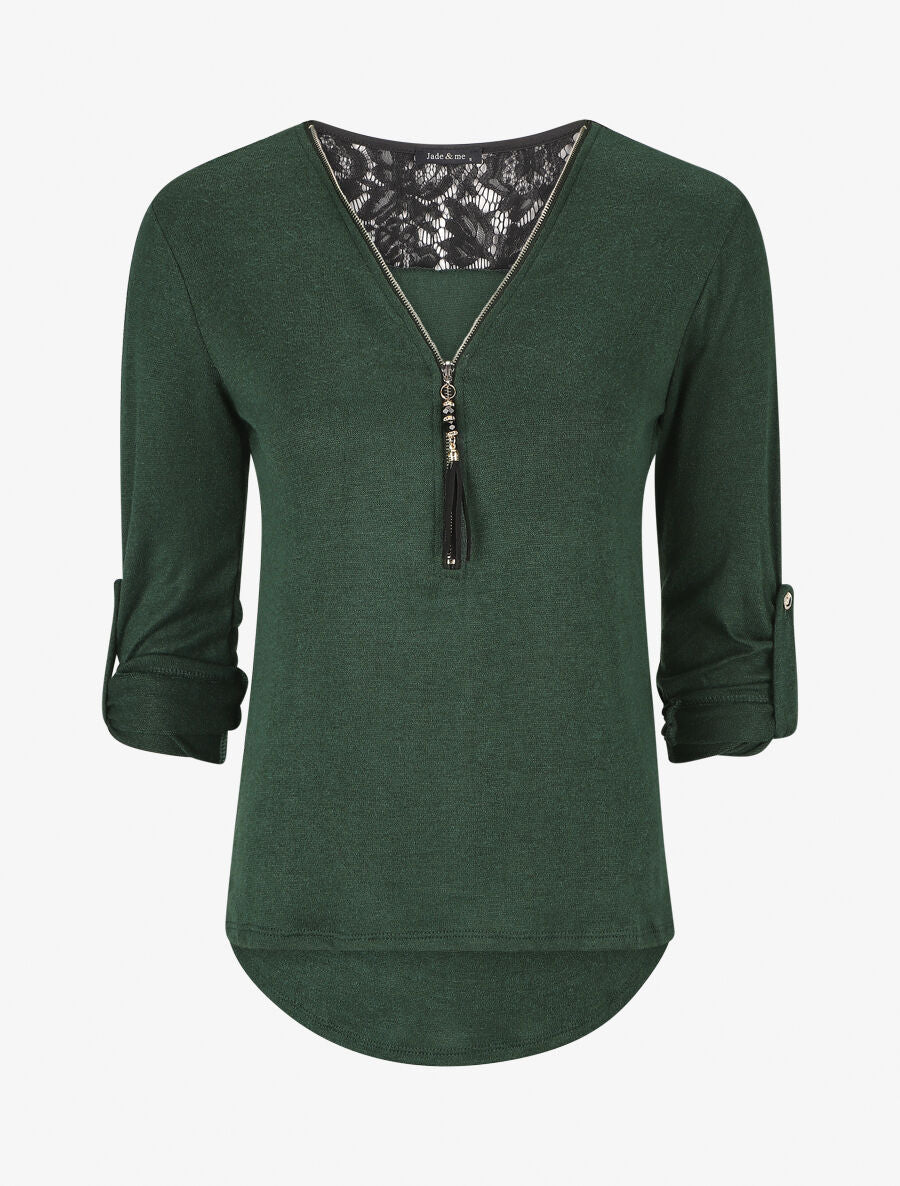 Pull à manches retroussables et dentelle - Vert sapin - 1