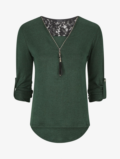 Pull à manches retroussables et dentelle - Vert sapin - 1