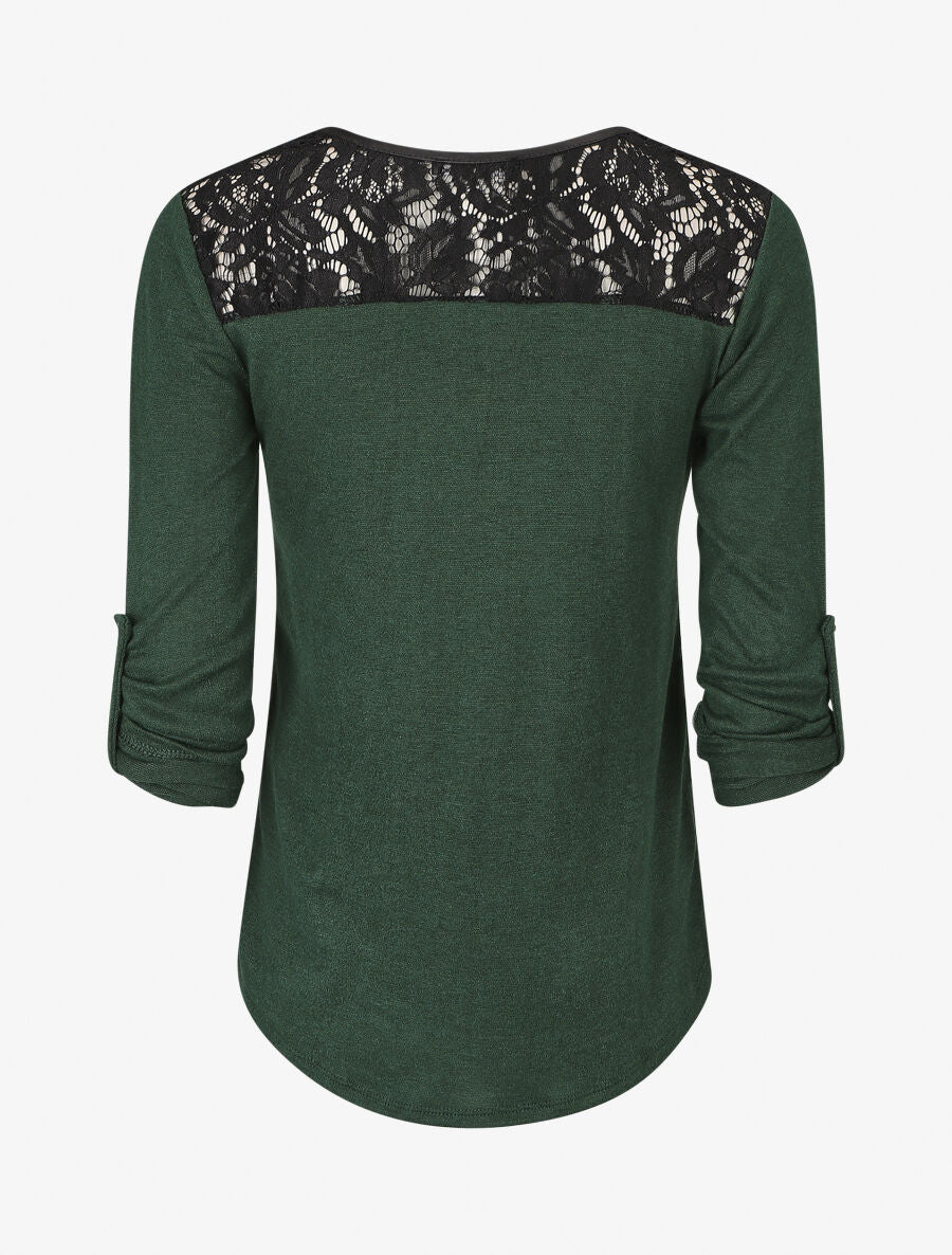 Pull à manches retroussables et dentelle - Vert sapin - 2