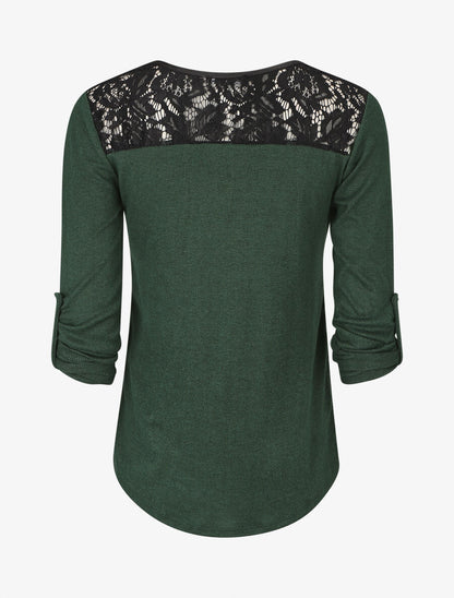 Pull à manches retroussables et dentelle - Vert sapin - 2