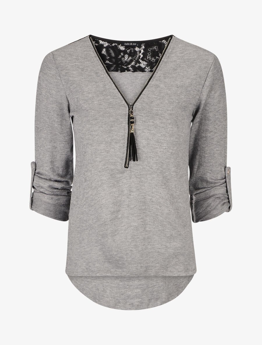 Pull à manches retroussables et dentelle - Gris - 1