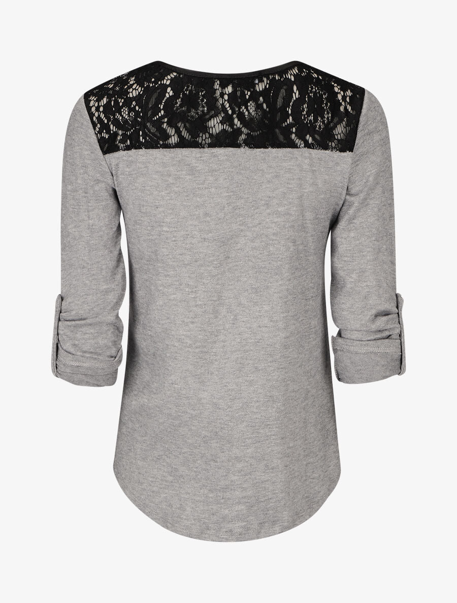Pull à manches retroussables et dentelle - Gris - 2