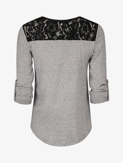 Pull à manches retroussables et dentelle - Gris - 2