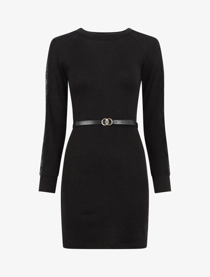 Robe pull courte à manches dentelle - Noir - 4