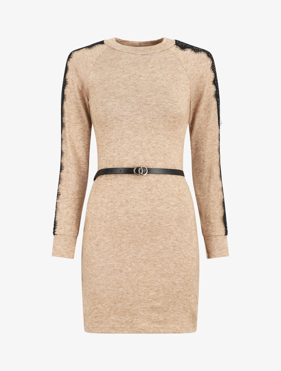 Robe pull courte à manches dentelle - Beige - 5