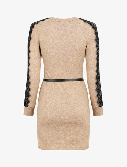 Robe pull courte à manches dentelle - Beige - 2