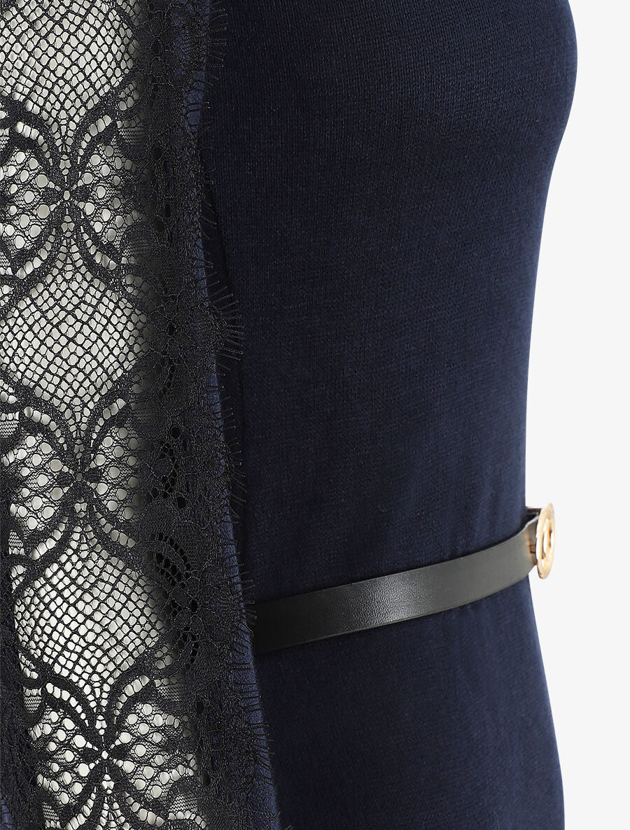 Robe pull courte à manches dentelle - Marine - 3