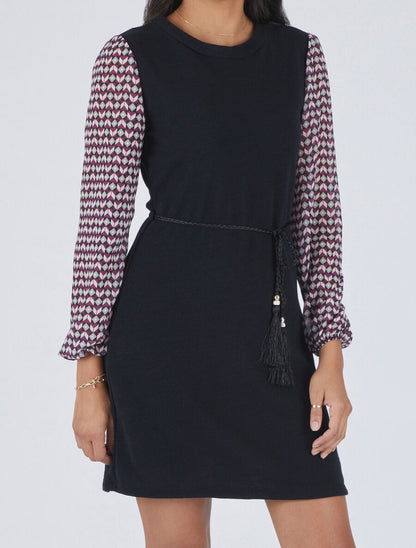 Robe coupe droite à manches imprimé mosaïque - Noir - 4
