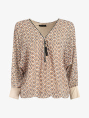 Blouse ample imprimé mosaïque fleurie à col zippé - Beige - 4