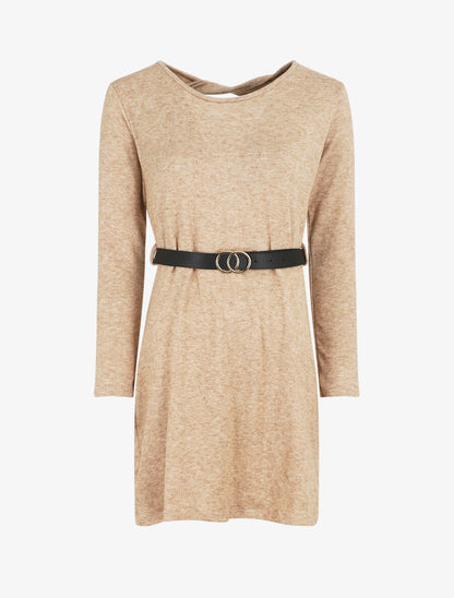 Robe pull courte à dos ajouré - Camel - 1