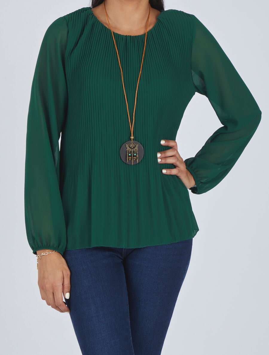 Blouse plissée à manches longues - Vert bouteille - 4