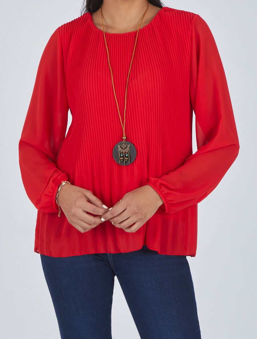 Blouse plissée à manches longues - Rouge - 4