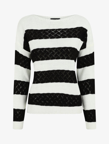 Pull rayé en maille ajourée - Noir - 4
