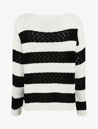 Pull rayé en maille ajourée - Noir - 2