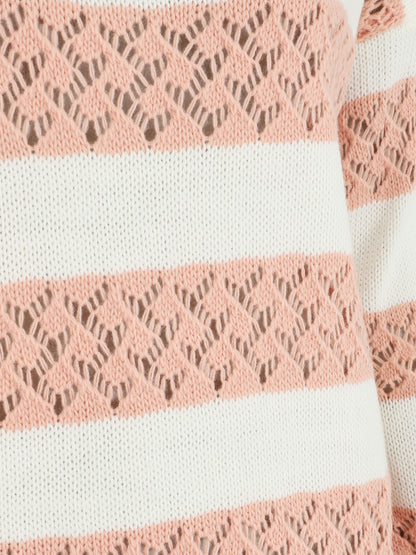 Pull rayé en maille ajourée - Rose - 3