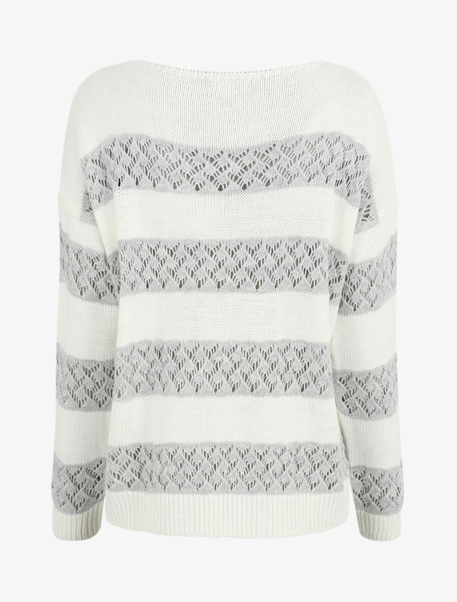 Pull rayé en maille ajourée - Gris clair - 2