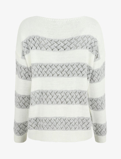 Pull rayé en maille ajourée - Gris clair - 2