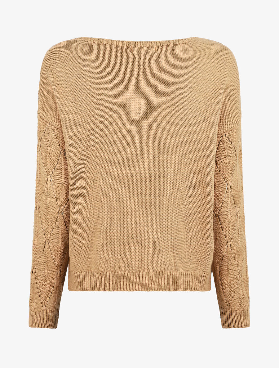 Pull uni en maille ajourée - Camel - 2