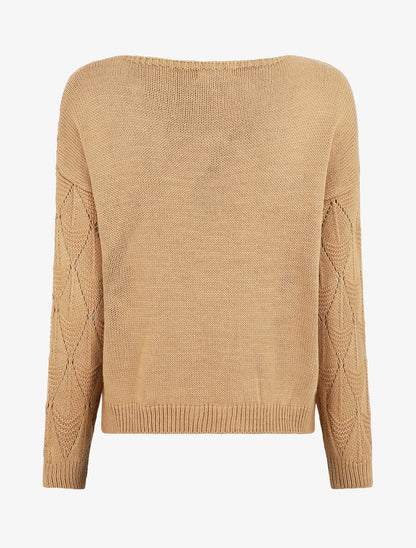 Pull uni en maille ajourée - Camel - 2