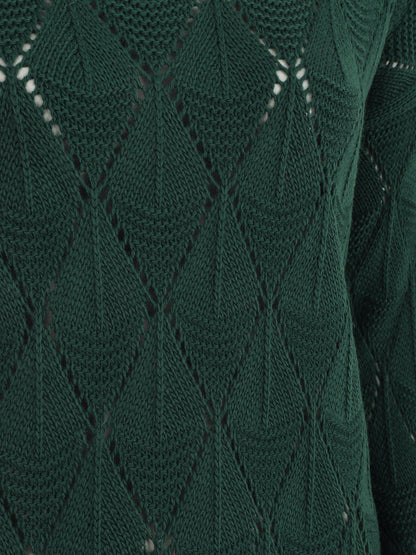 Pull uni en maille ajourée - Vert sapin - 3