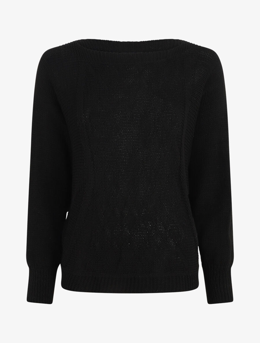 Pull uni en maille motif losange - Noir - 4