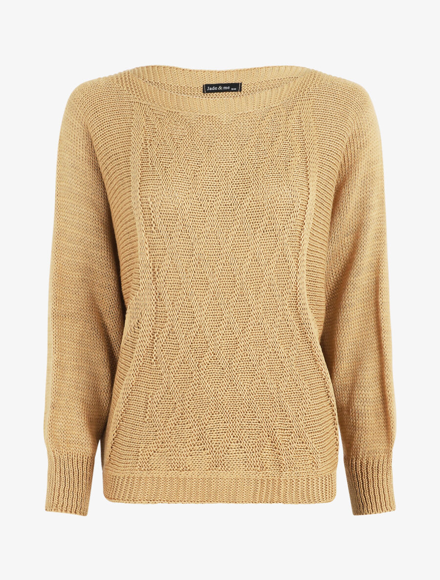 Pull uni en maille motif losange - Camel - 1