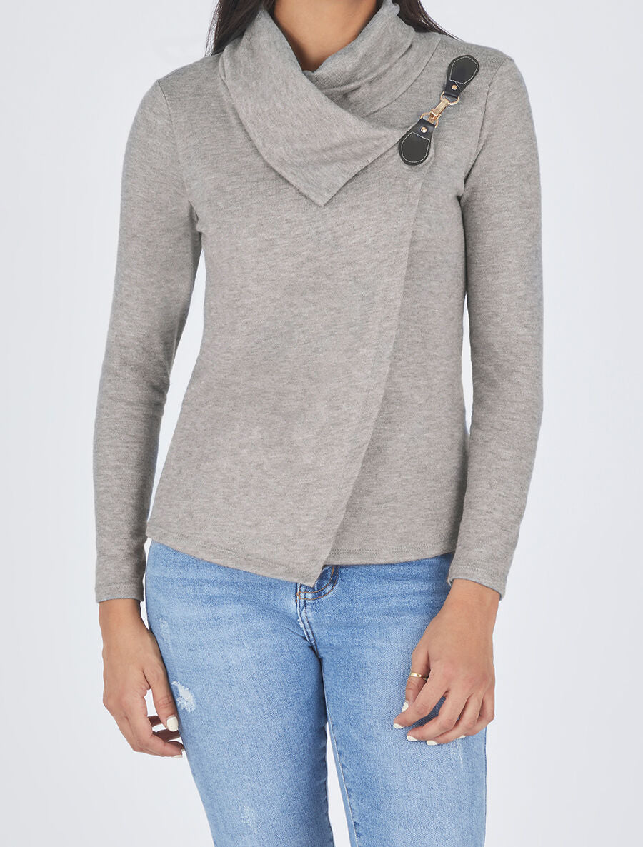 Pull col montant et crochet décoratif - Gris - 4