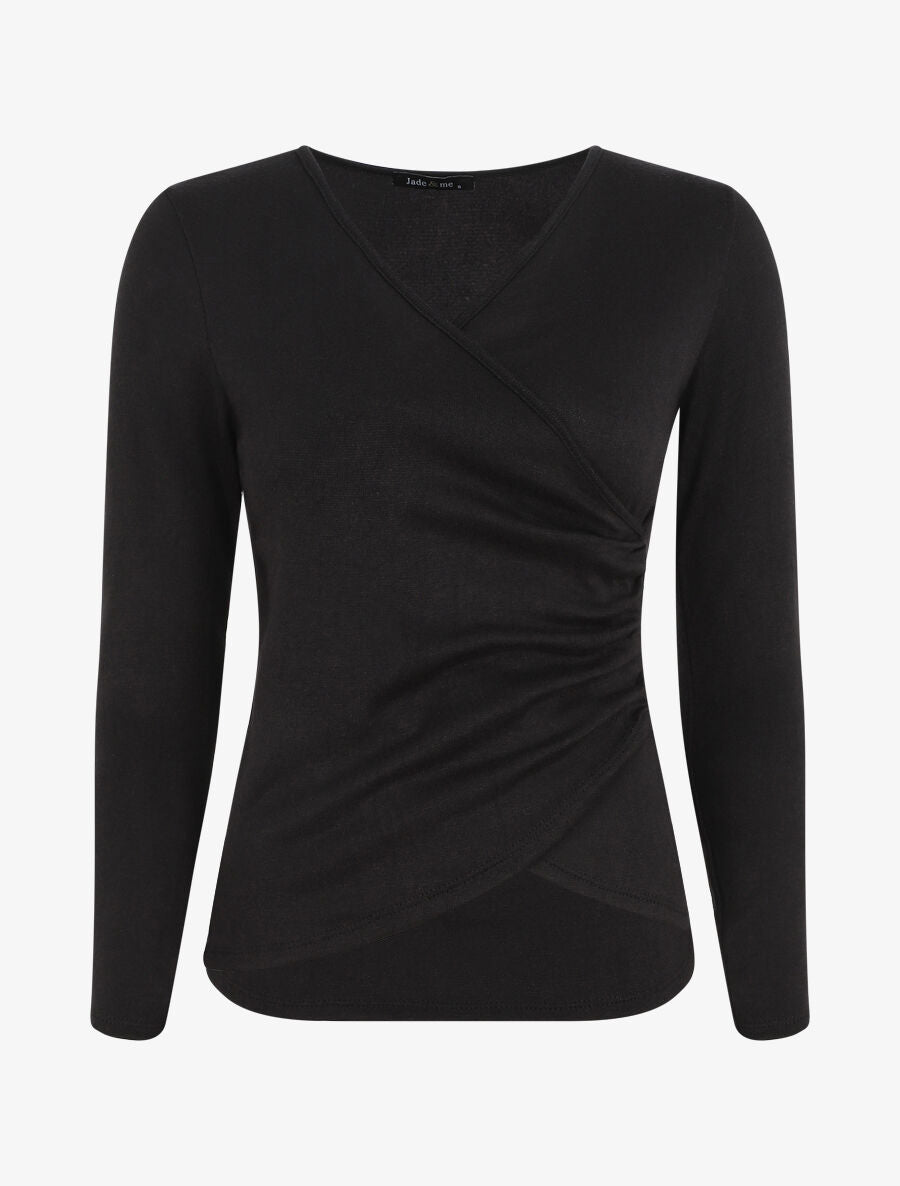 Pull fin à encolure cache-coeur et effet drapé - Noir - 4
