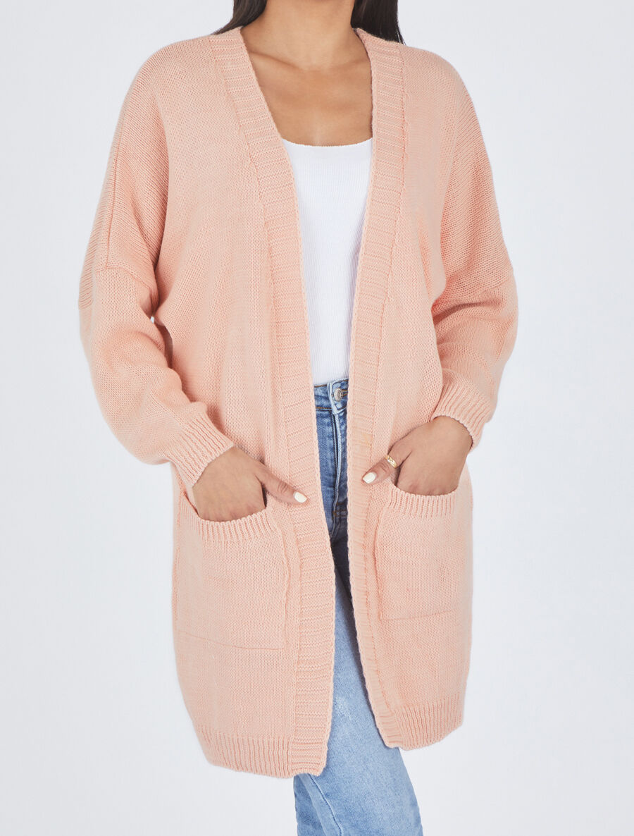 Gilet long ouvert à manches chauve-souris - Rose - 4