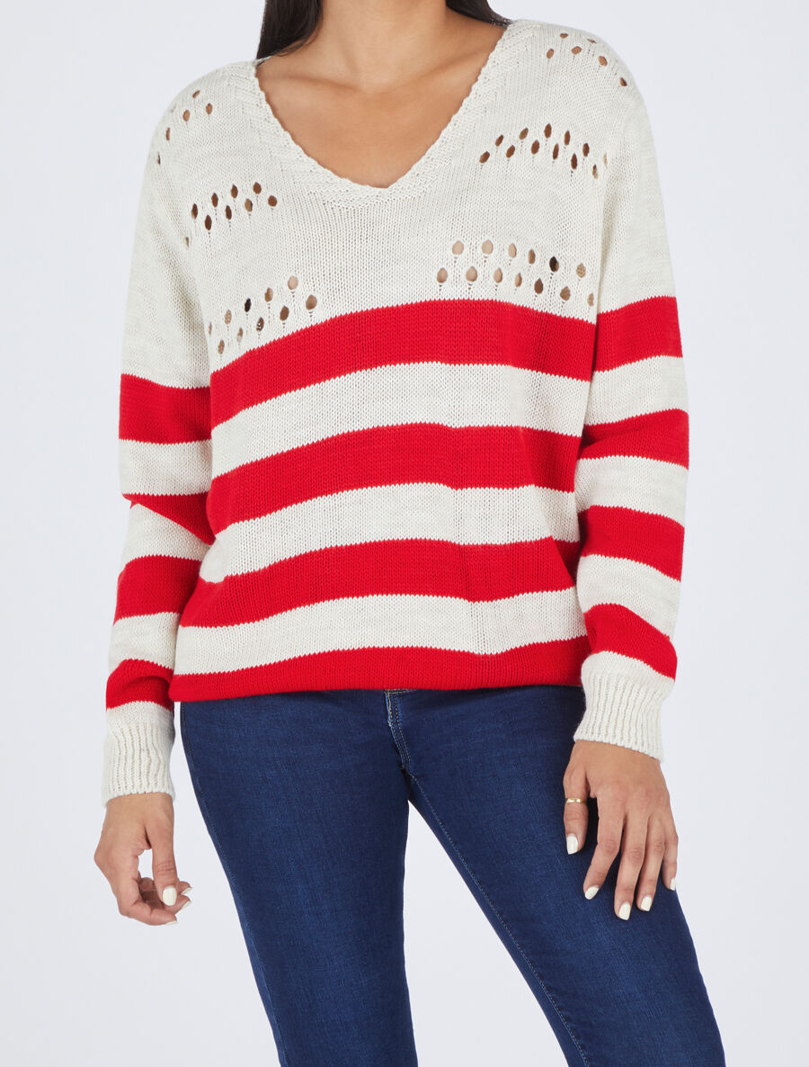 Pull ajourée à rayures - Rouge/beige - 4