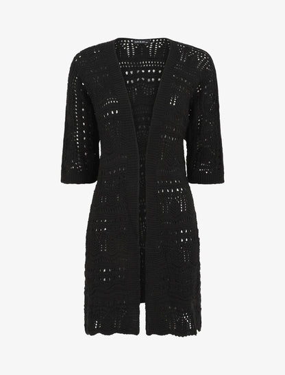 Gilet long en maille ajourée à manches 3/4 - Noir - 4