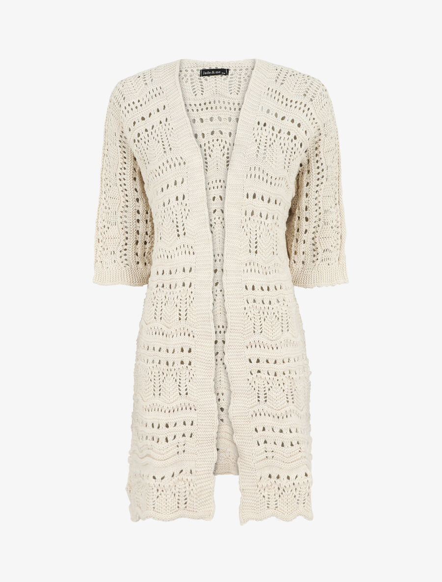 Gilet long en maille ajourée à manches 3/4 - Beige - 1