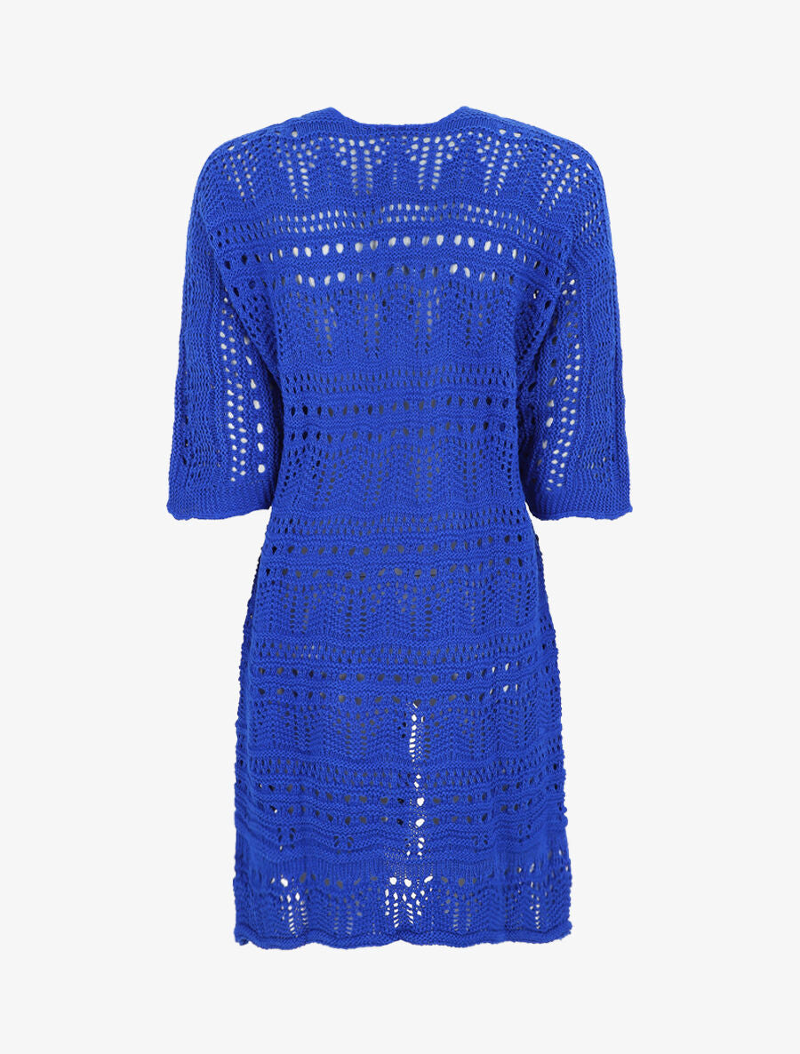 Gilet long en maille ajourée à manches 3/4 - Bleu roi - 2