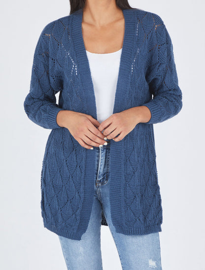 Gilet long uni en maille fine - Bleu - 4