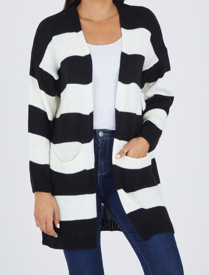Gilet long ouvert à rayures - Noir - 4