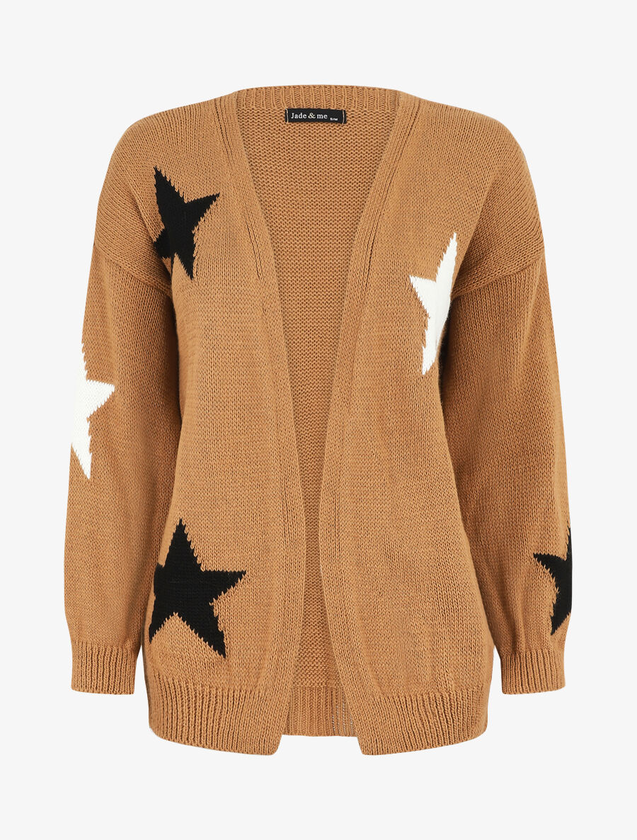 Gilet mi-long ouvert à imprimé étoiles - Camel - 1