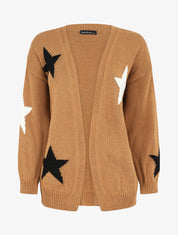 Gilet mi-long ouvert à imprimé étoiles - Camel - 1